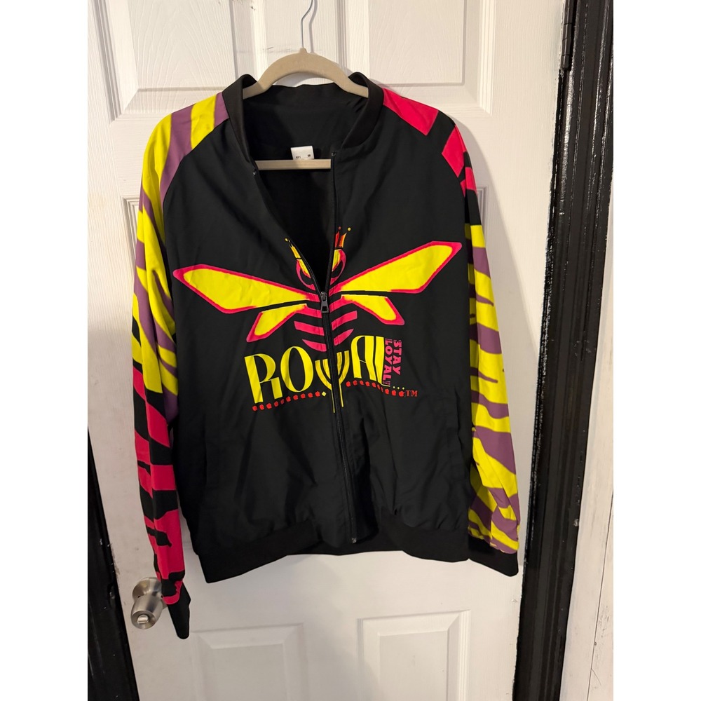 Stay Loyal Royal Bee Graphic Bomber Jacket Mens XL Black Neon Streetwear Zip Up
